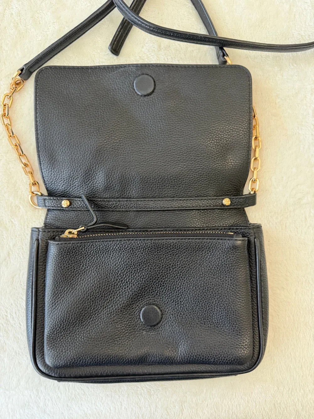 Tory Burch Black Pebbled Leather Shoulder Bag with Gold Chain Accent